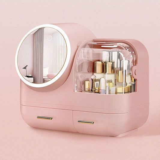 Joybos® Makeup Storage Organizer Box with Led Lighted Mirror Pink